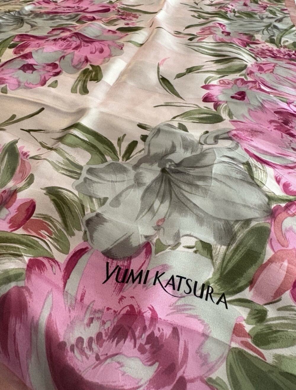 Yumi Katsura Silk Scarf Floral Pink Green Made in Japan 34x35.5” Excellent